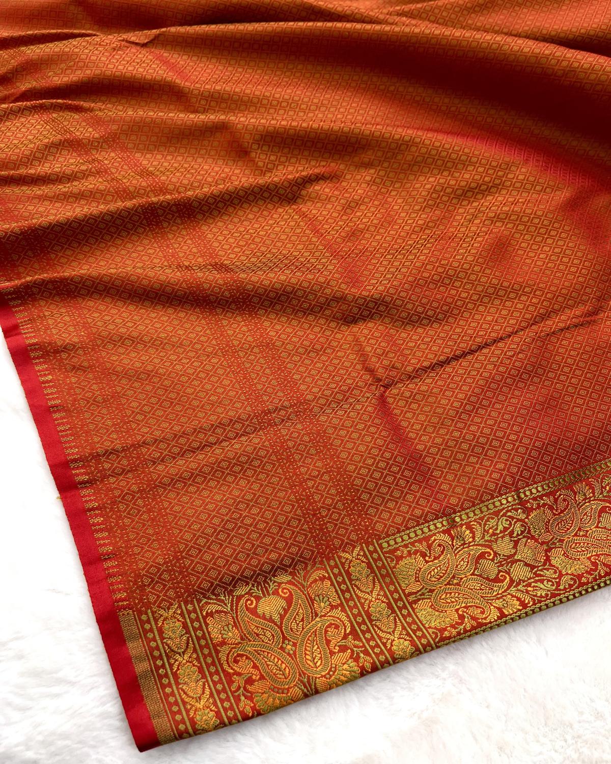 Red-Orange Pashmina Tanchui Floral Jaal Katan Silk Saree