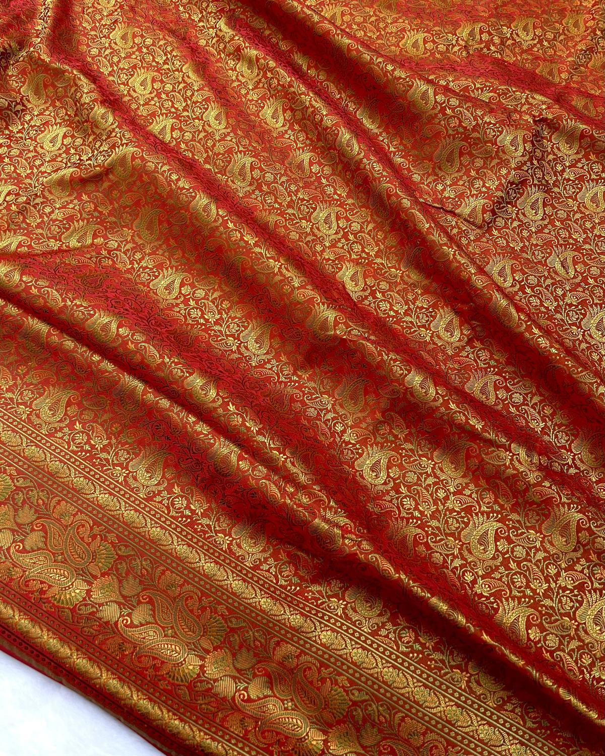 Red-Orange Pashmina Tanchui Floral Jaal Katan Silk Saree