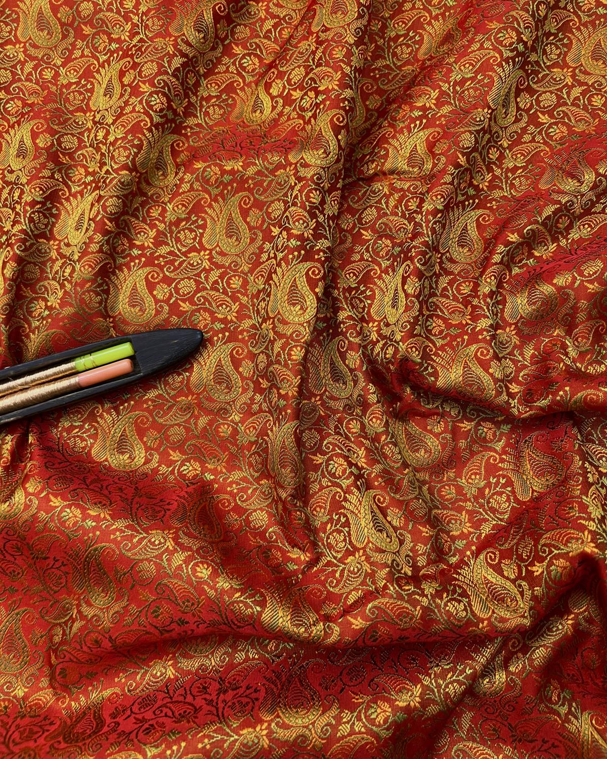 Red-Orange Pashmina Tanchui Floral Jaal Katan Silk Saree