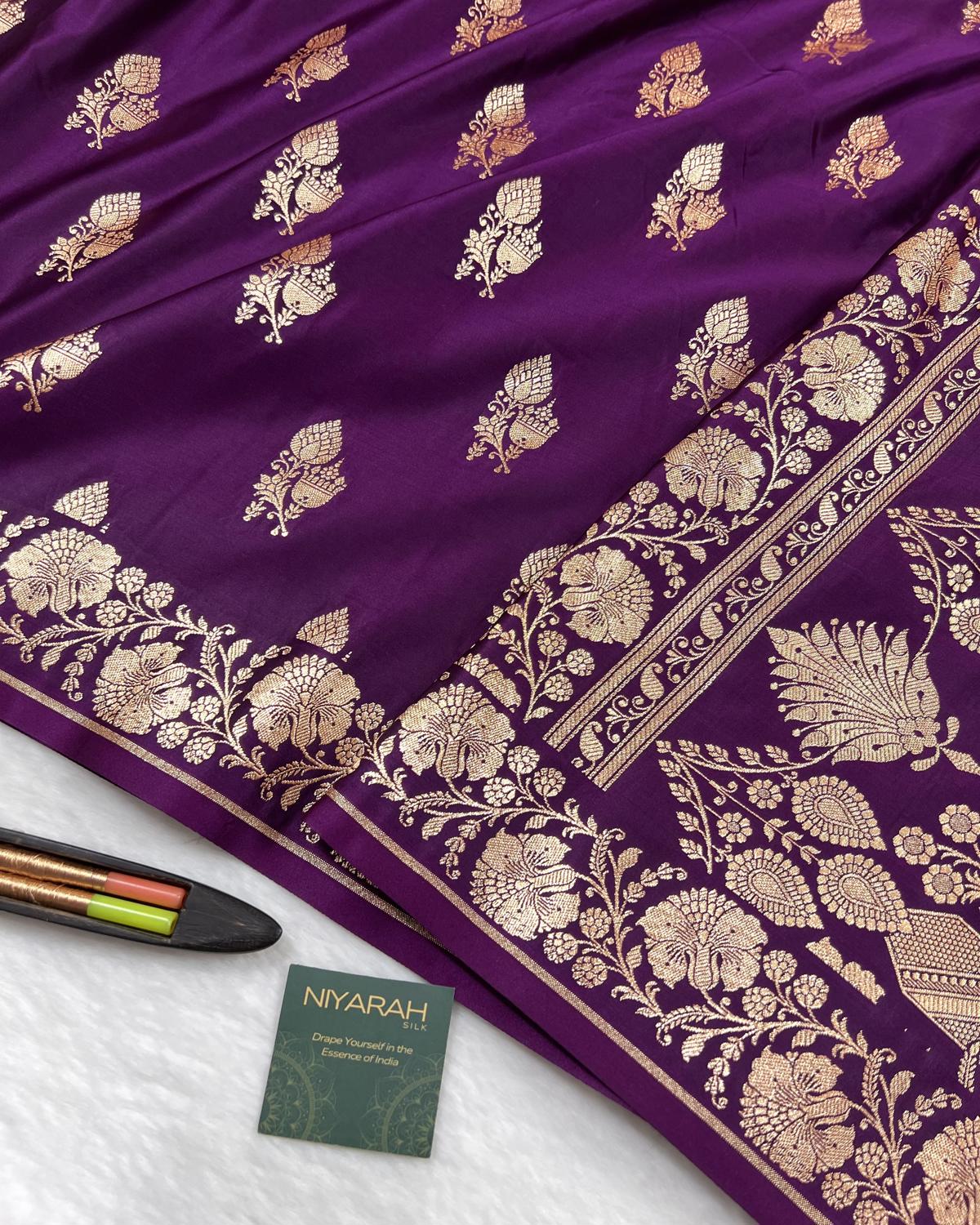 Deep Purple Shades Banarasi Floral Double booti Mashru Katan Silk Saree