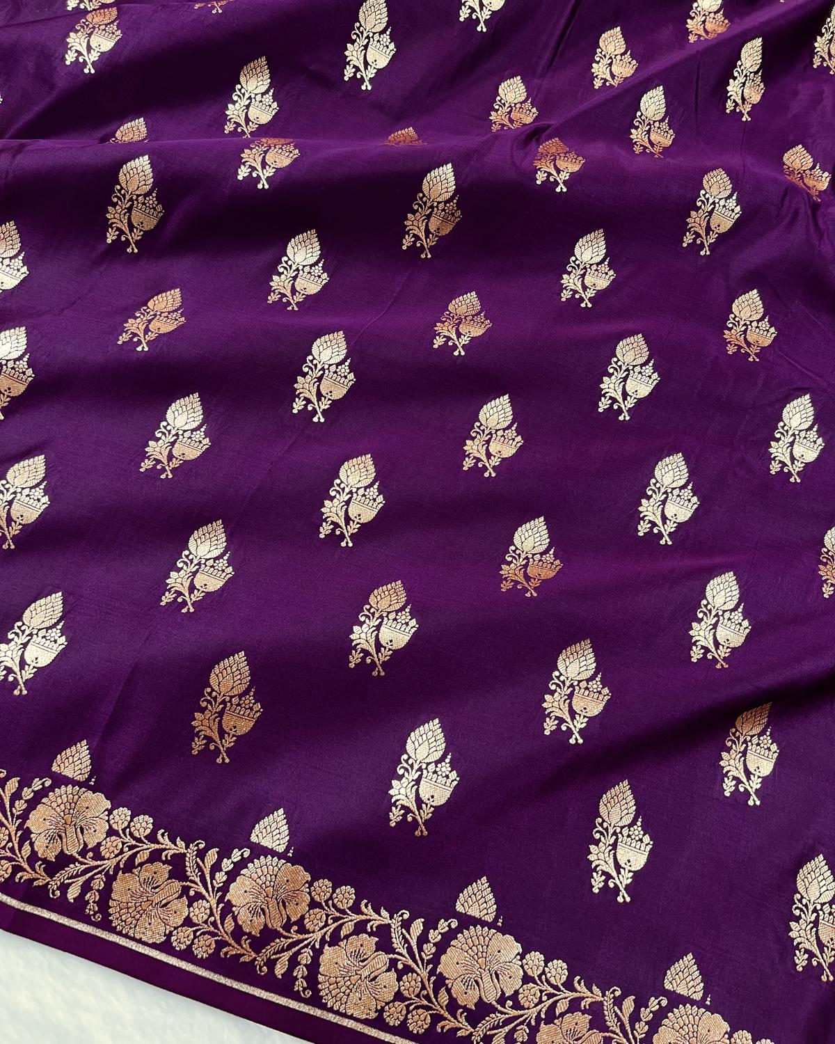 Deep Purple Shades Banarasi Floral Double booti Mashru Katan Silk Saree