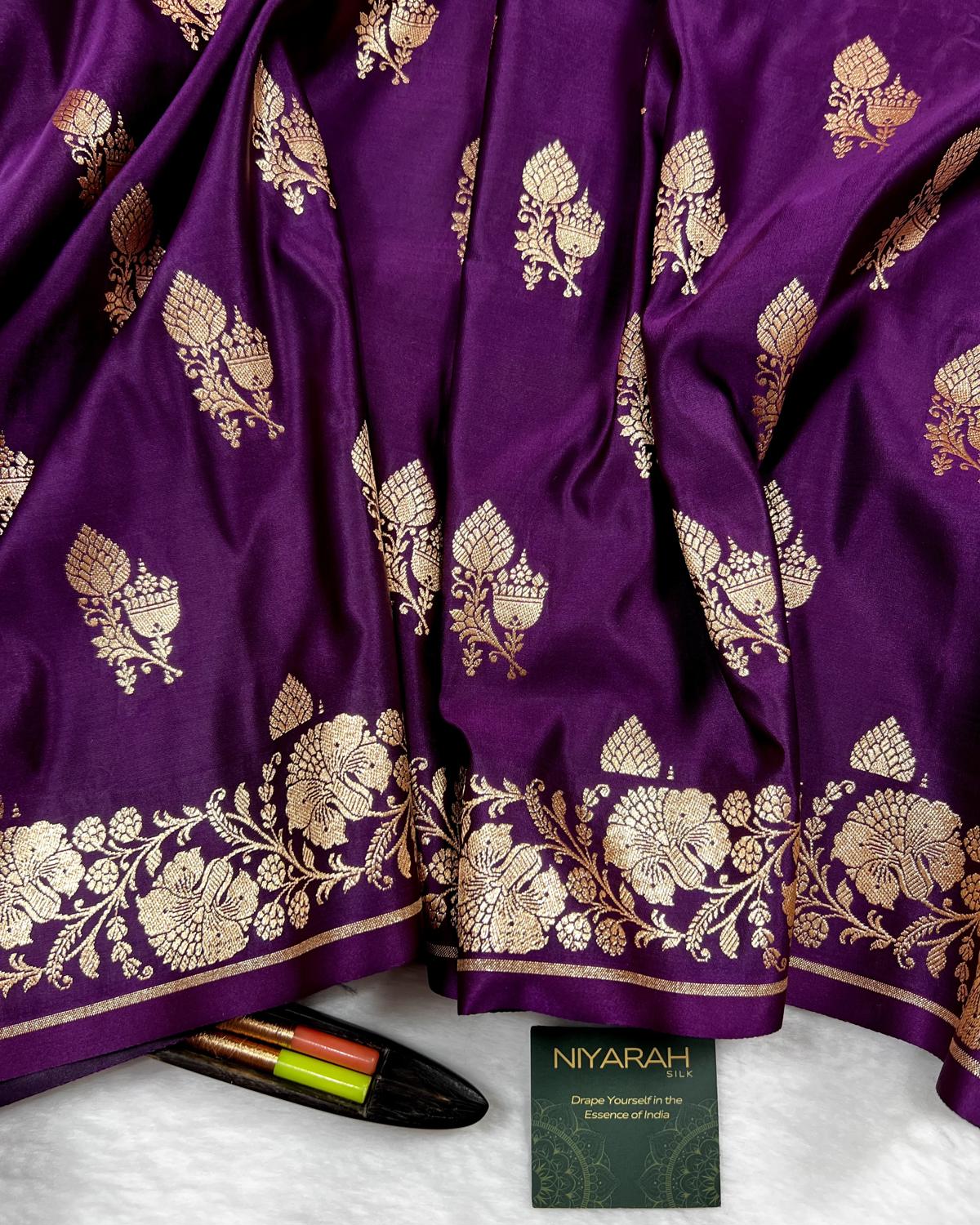 Deep Purple Shades Banarasi Floral Double booti Mashru Katan Silk Saree