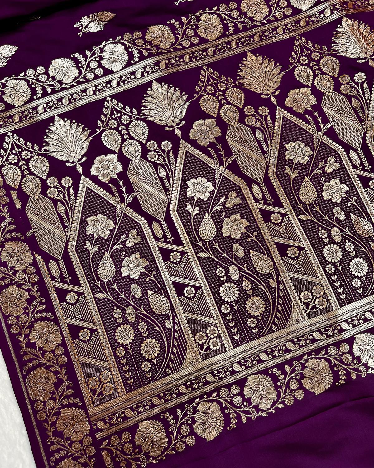 Deep Purple Shades Banarasi Floral Double booti Mashru Katan Silk Saree