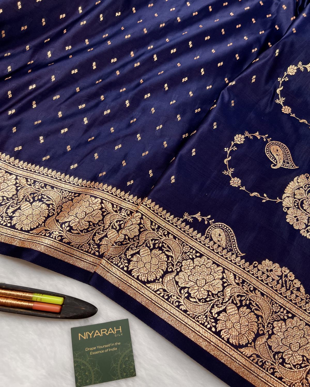Navy Blue Banarasi Micro Booti Pattern Katan Silk Saree