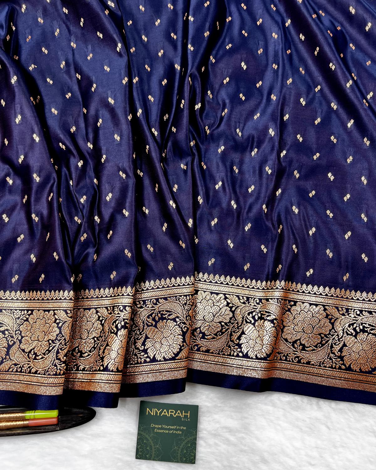 Navy Blue Banarasi Micro Booti Pattern Katan Silk Saree