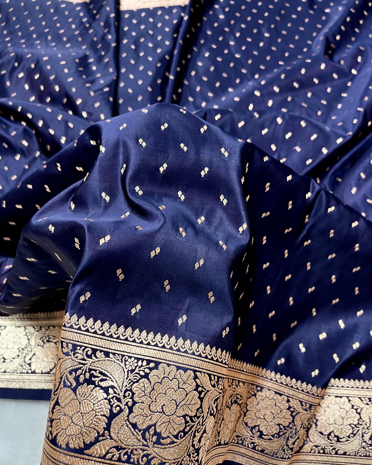 Navy Blue Banarasi Micro Booti Pattern Katan Silk Saree
