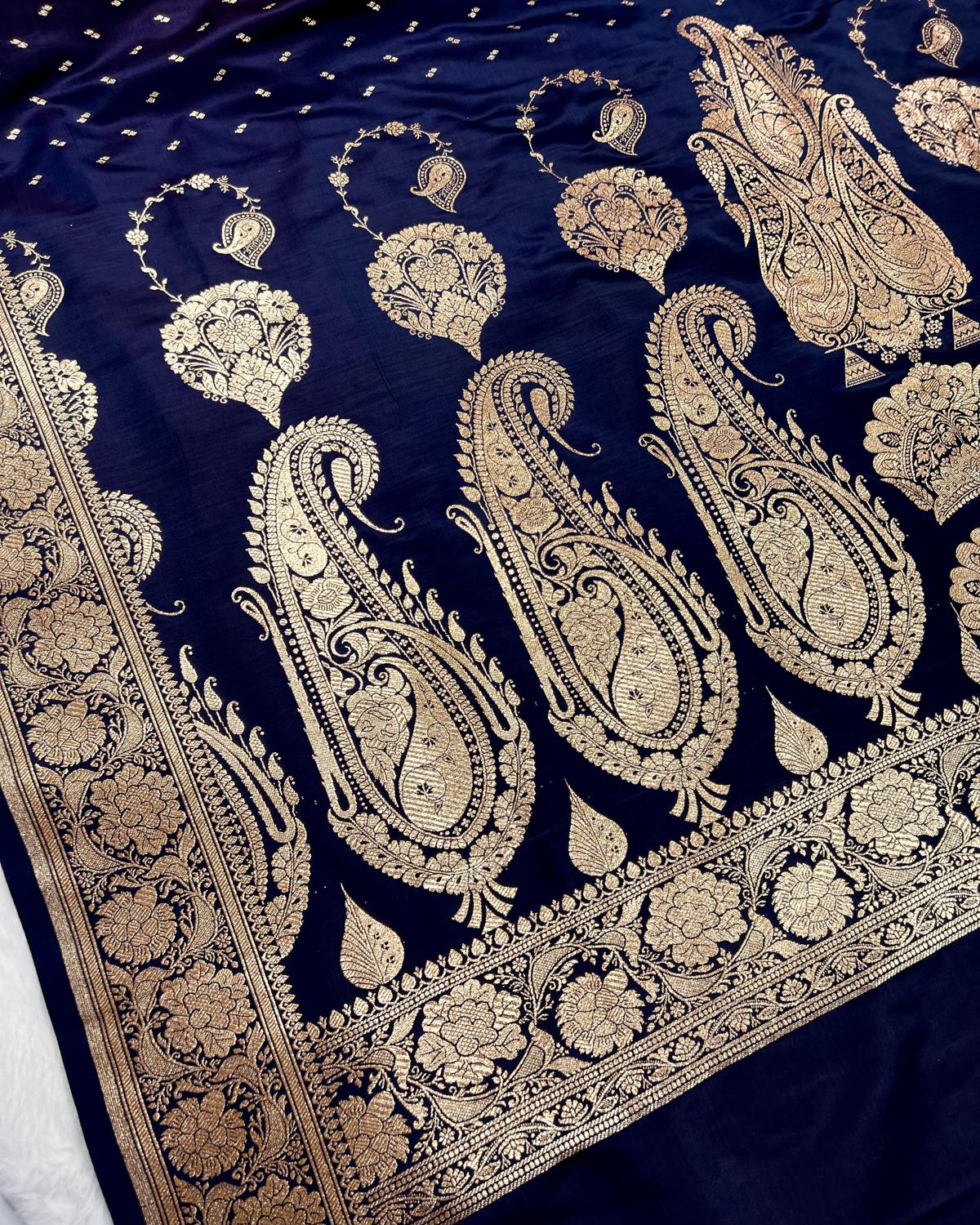 Navy Blue Banarasi Micro Booti Pattern Katan Silk Saree