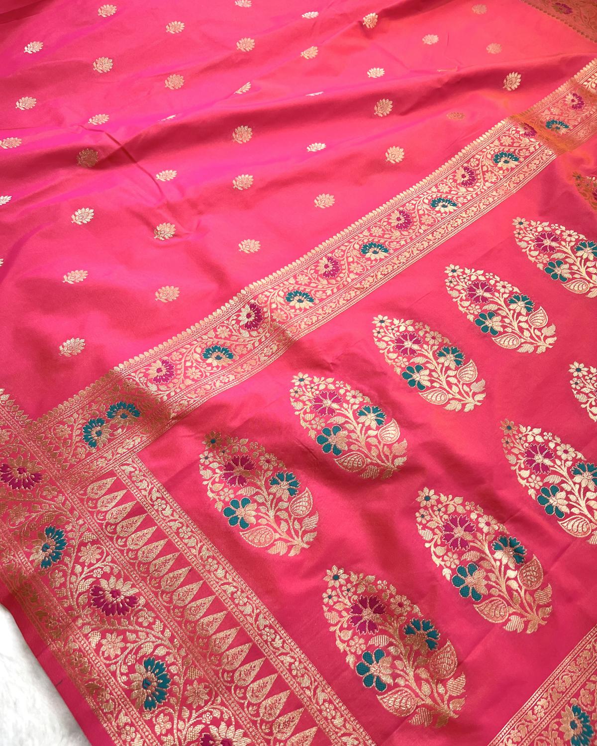 Partywear Pink Banarasi Leafy Boota Meena Border Katan Silk Saree