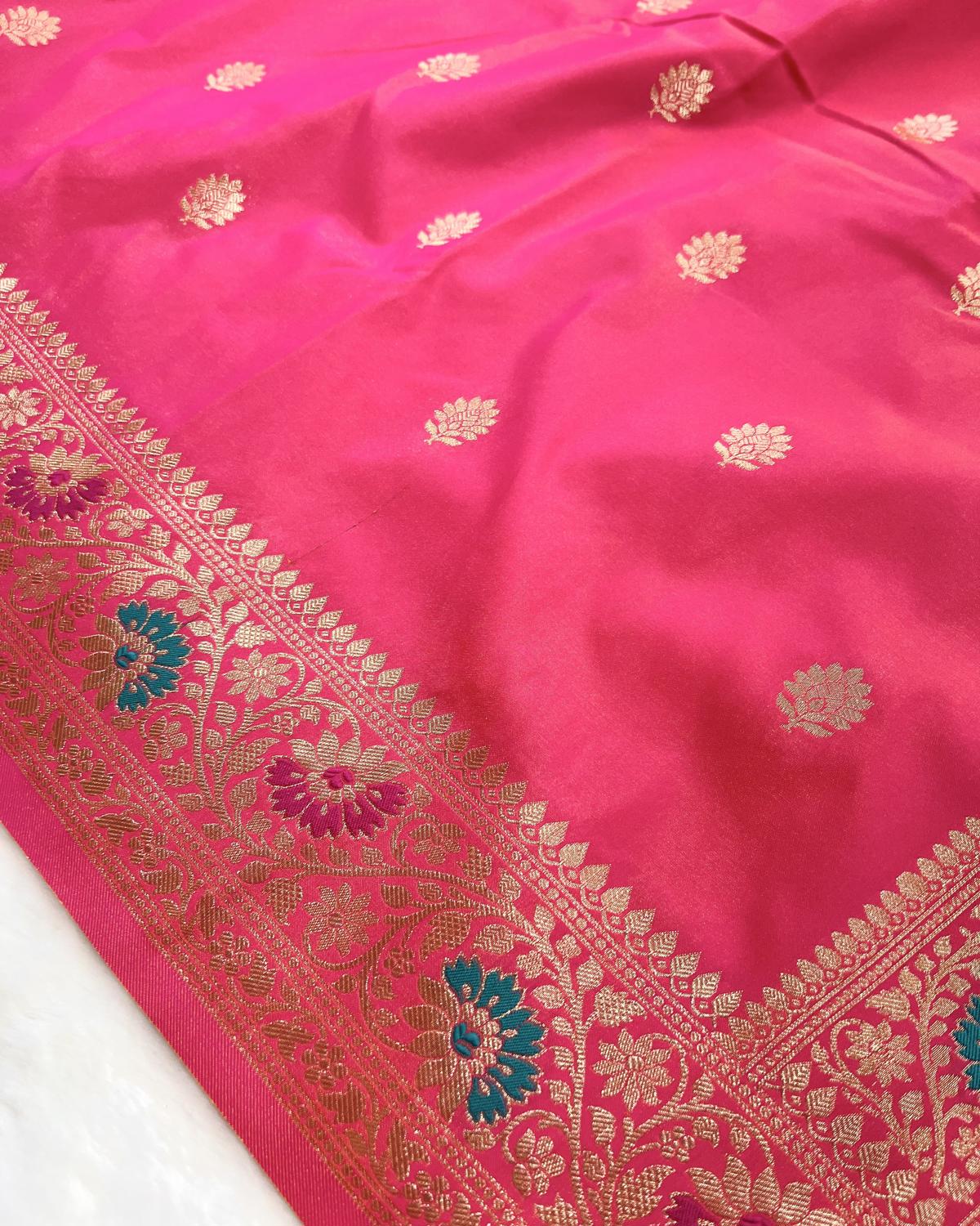 Partywear Pink Banarasi Leafy Boota Meena Border Katan Silk Saree