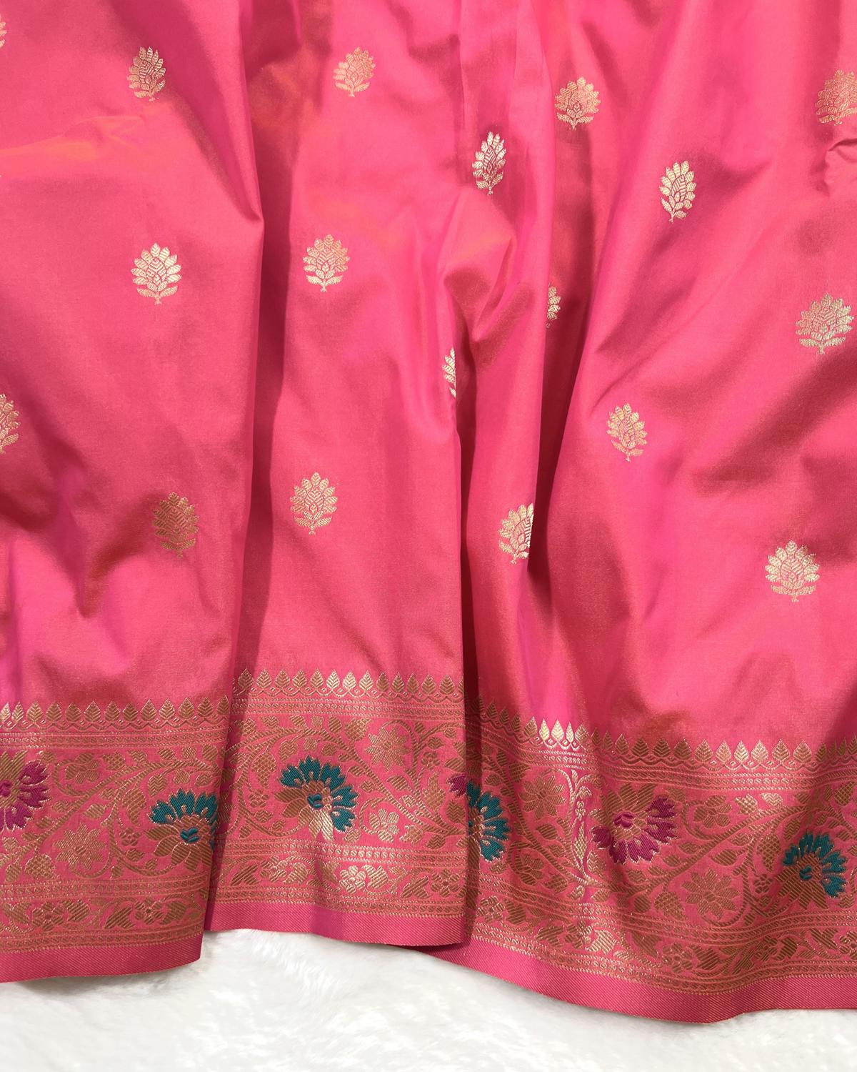 Partywear Pink Banarasi Leafy Boota Meena Border Katan Silk Saree