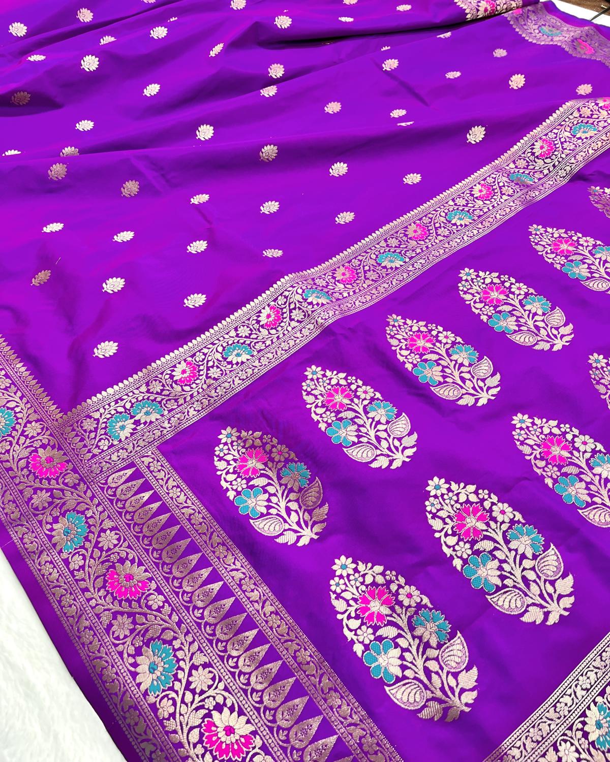 Partywear Purple Banarasi Leafy Boota Meena Border Katan Silk Saree