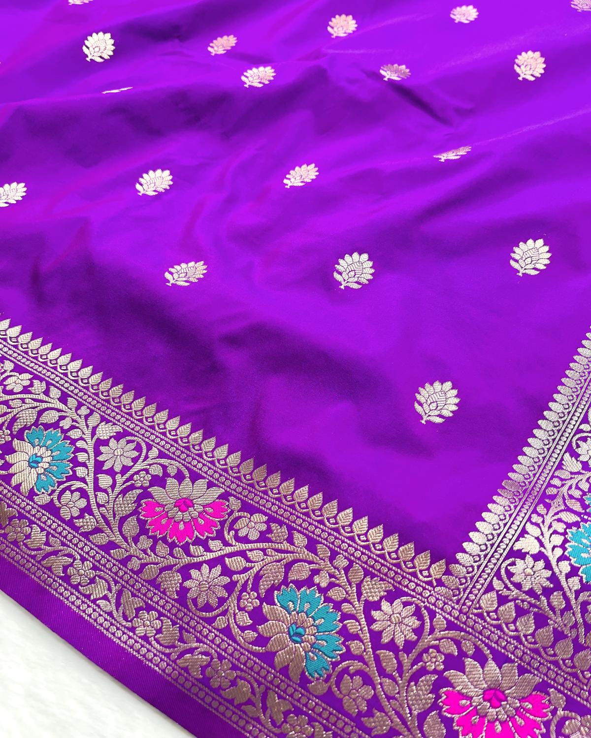 Partywear Purple Banarasi Leafy Boota Meena Border Katan Silk Saree