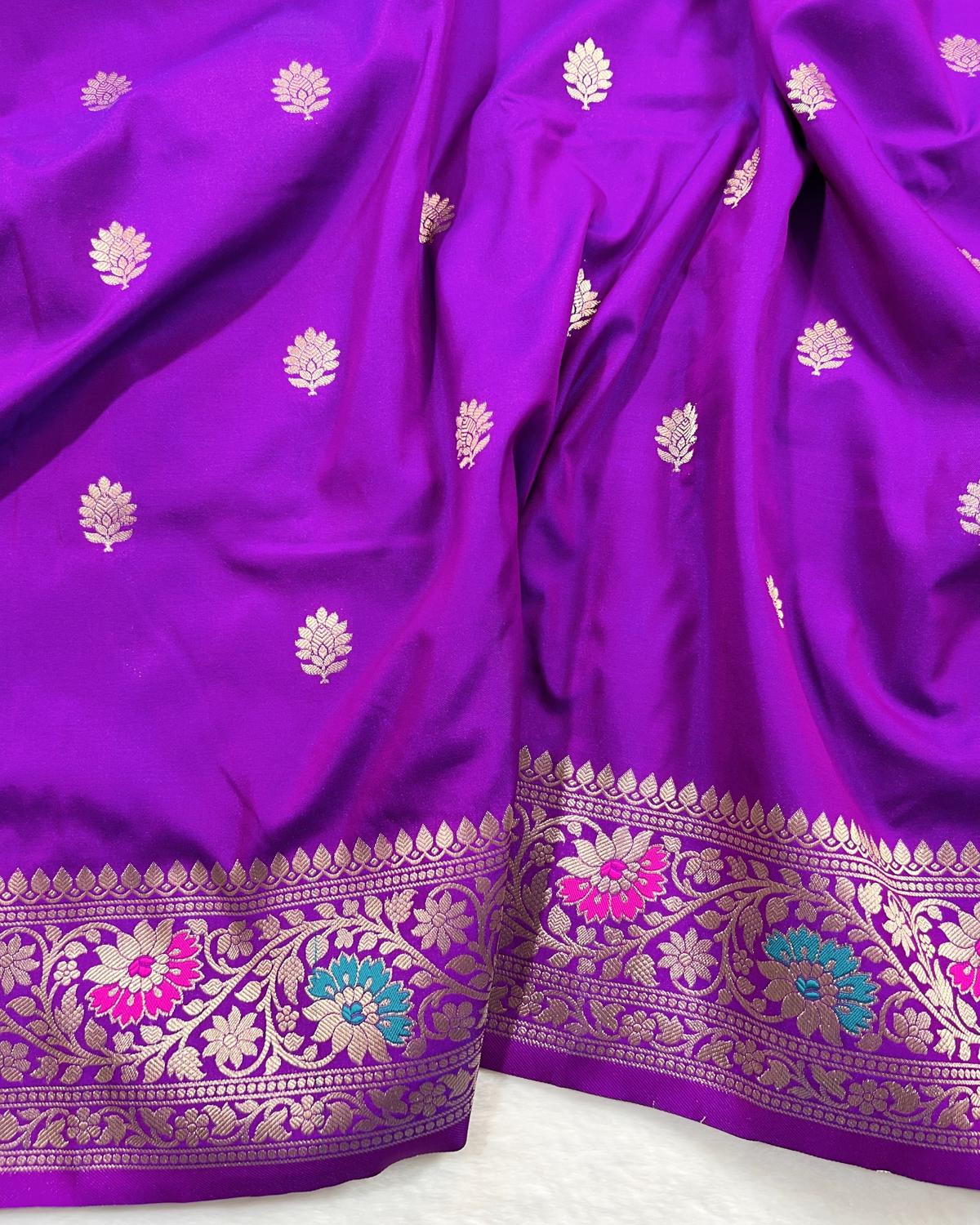 Partywear Purple Banarasi Leafy Boota Meena Border Katan Silk Saree