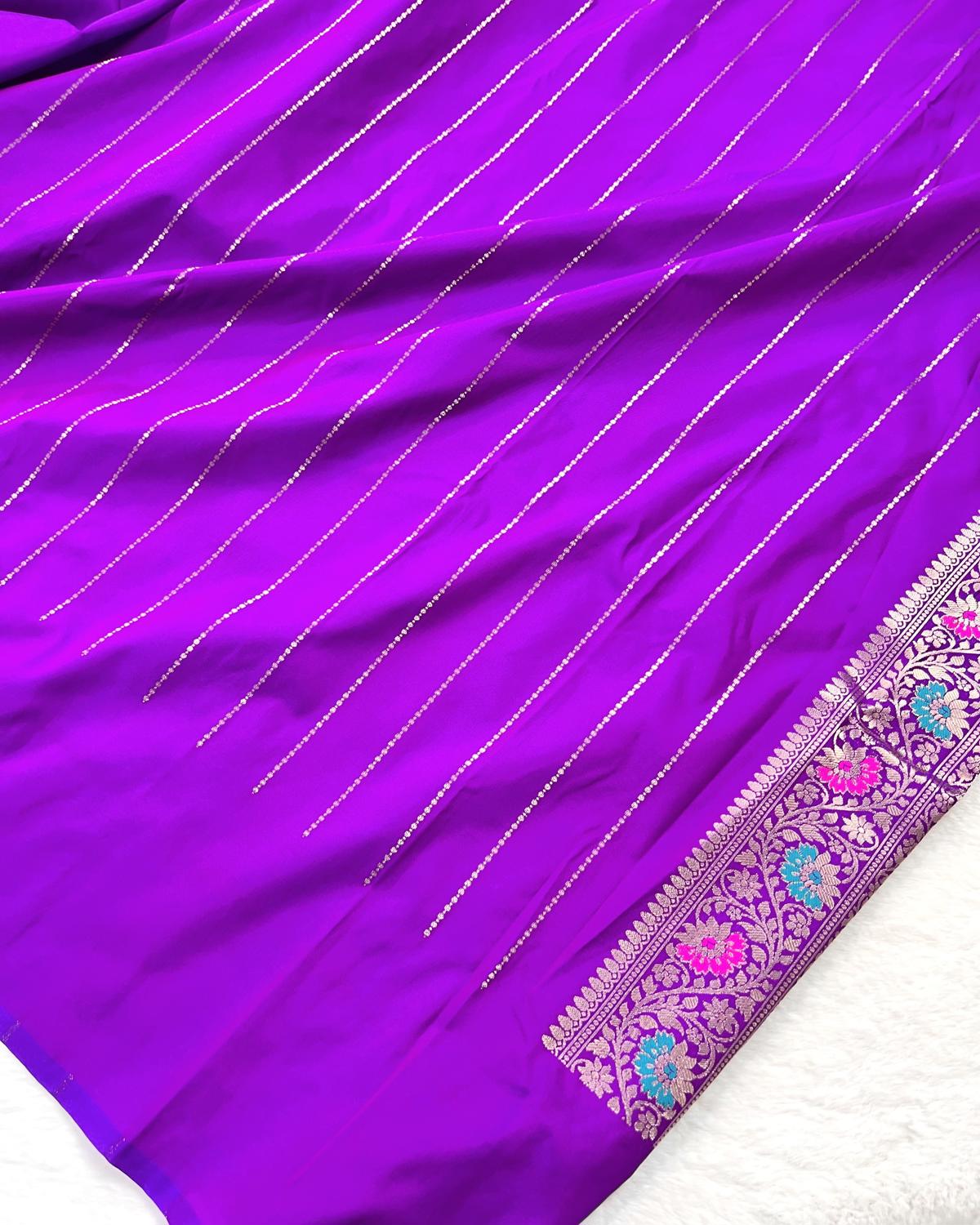 Partywear Purple Banarasi Leafy Boota Meena Border Katan Silk Saree