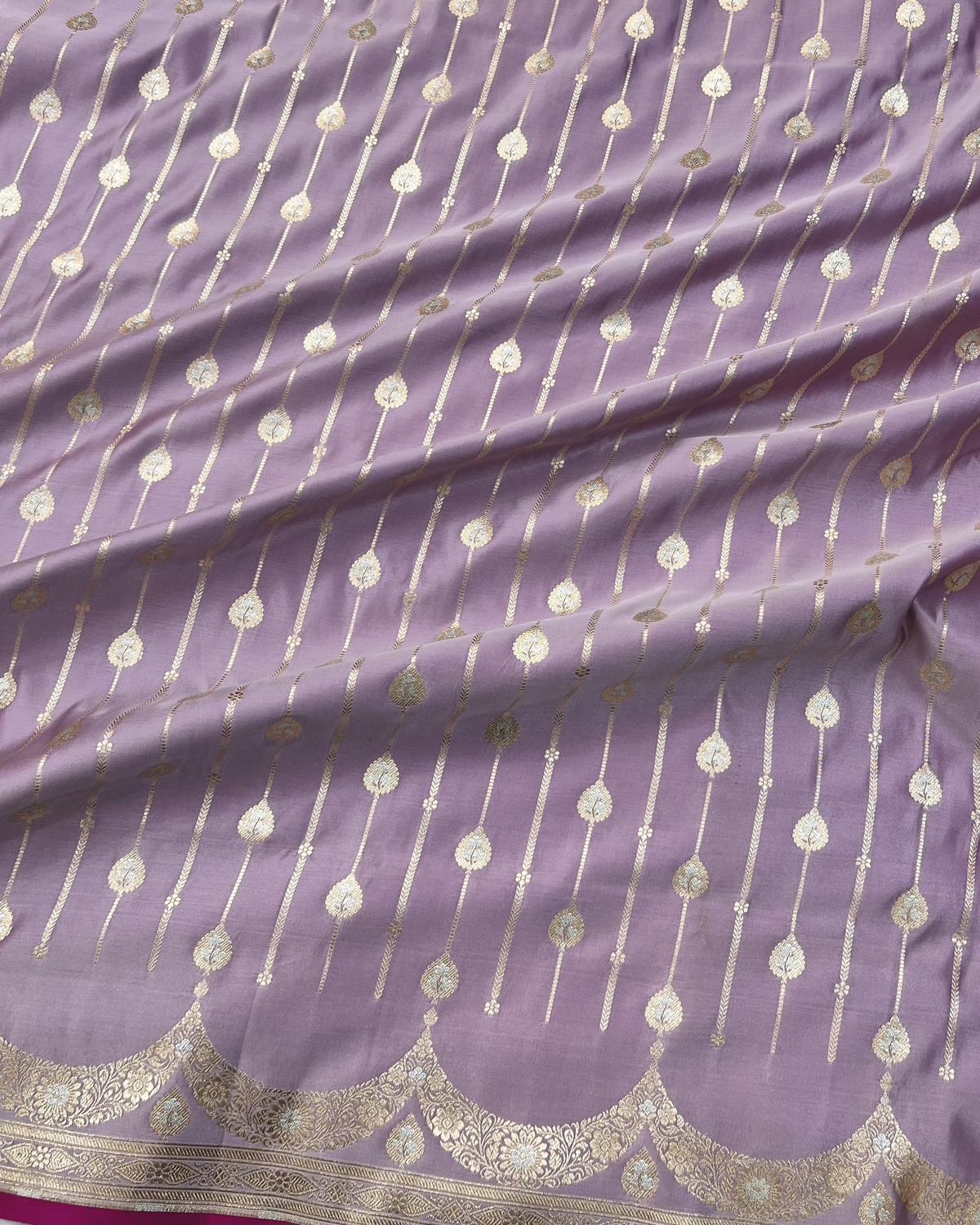 Detailed Striped buta body design on lavender banarasi katan silk saree for festive wear -Niyarah | Niyarah | shop bearasi saree
