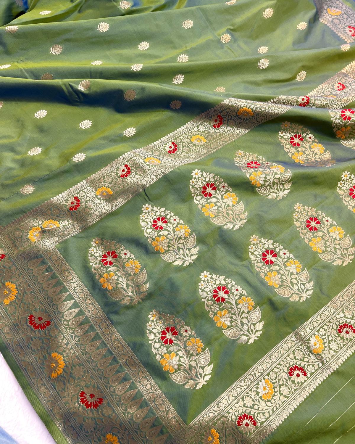 Partywear Mehandi Banarasi Leafy Boota Meena Border Katan Silk Saree