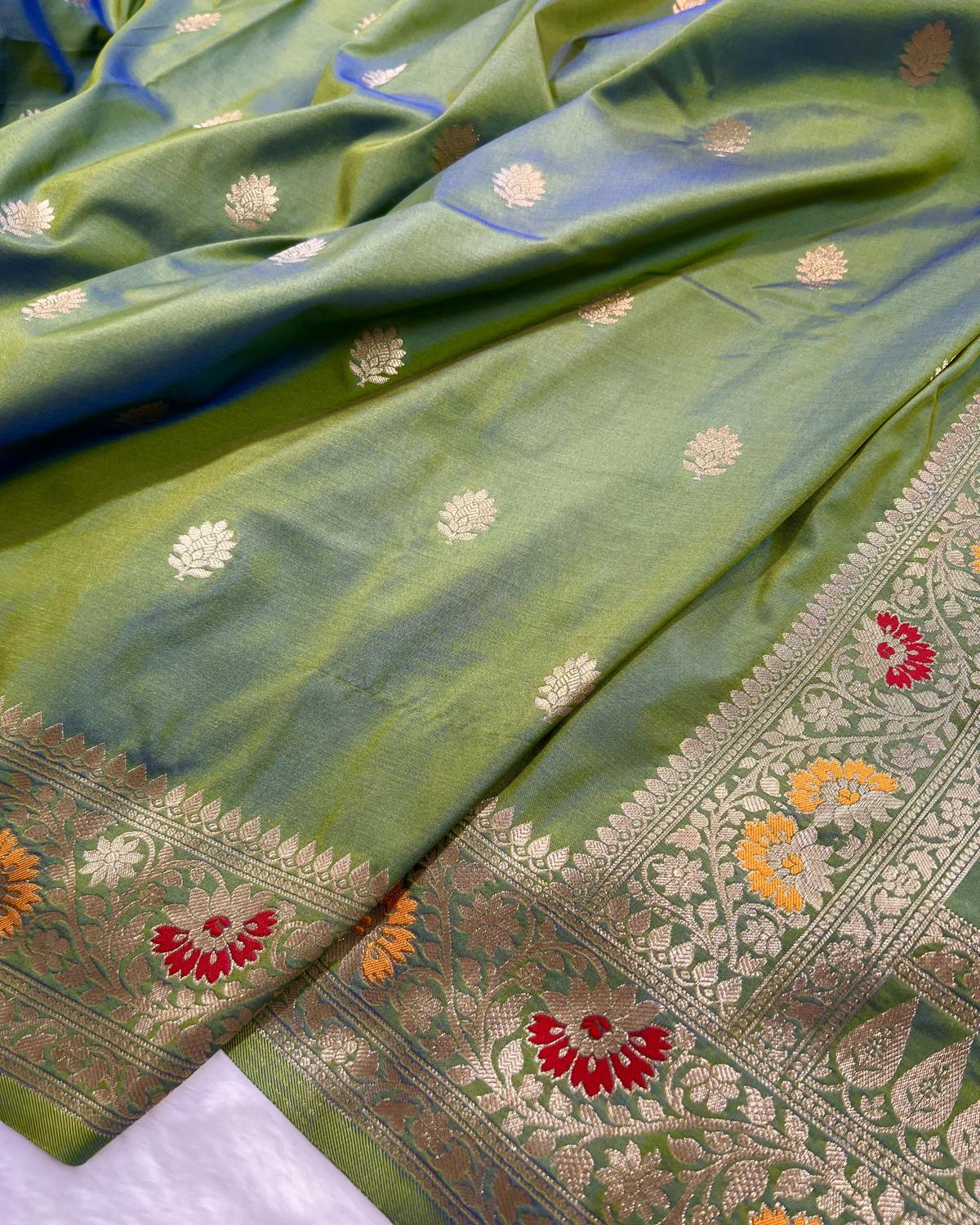 Partywear Mehandi Banarasi Leafy Boota Meena Border Katan Silk Saree