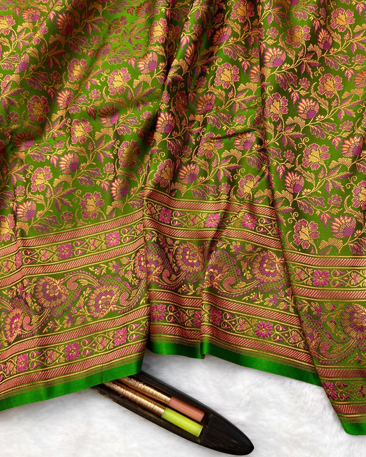Green Shades Pashmina Tanchui Floral Jaal Katan Silk Saree