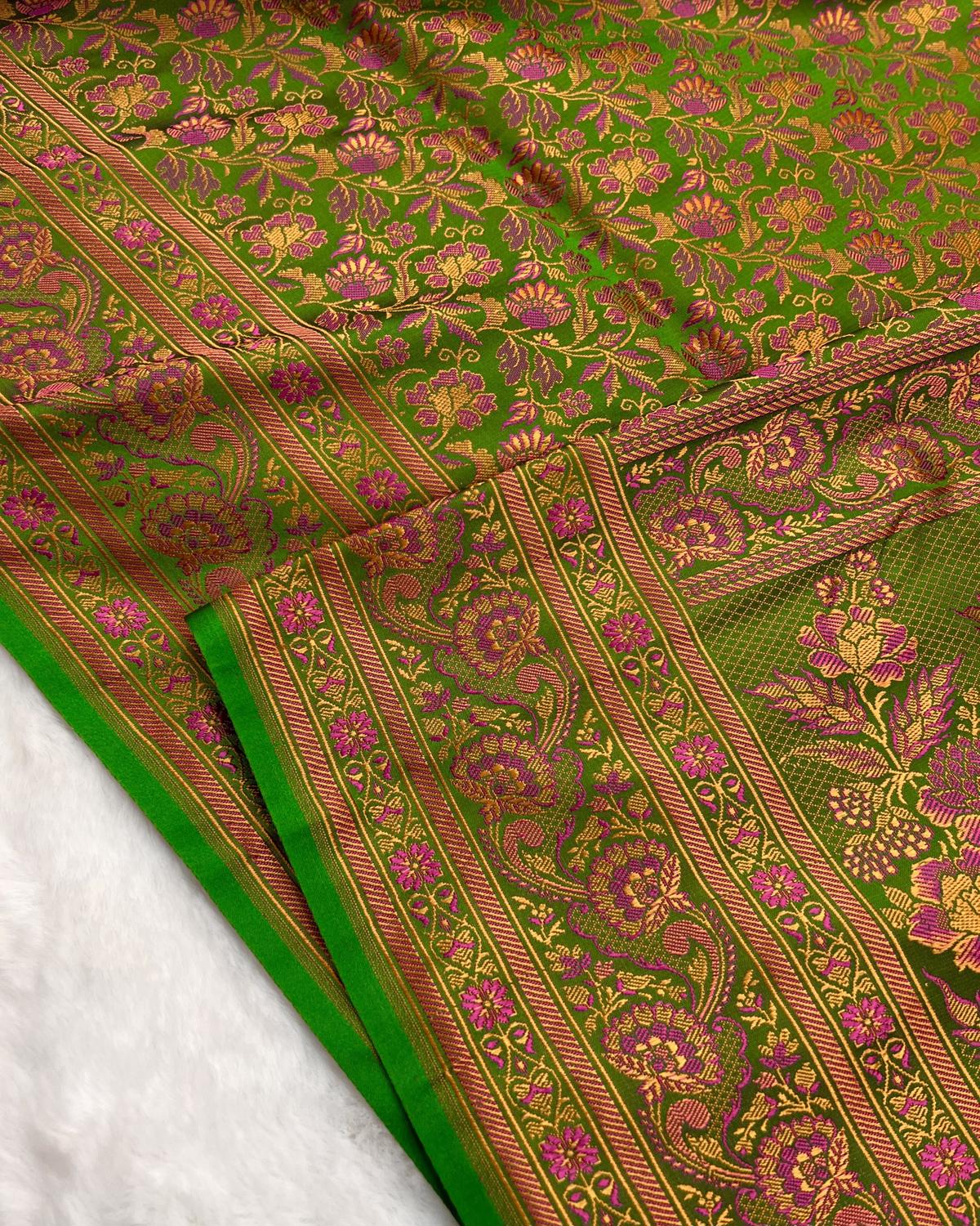 Green Shades Pashmina Tanchui Floral Jaal Katan Silk Saree