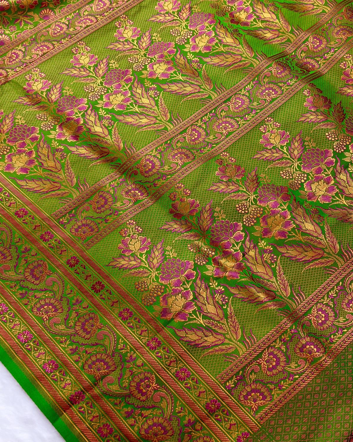 Green Shades Pashmina Tanchui Floral Jaal Katan Silk Saree