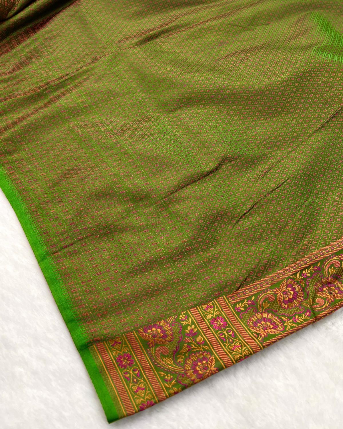 Green Shades Pashmina Tanchui Floral Jaal Katan Silk Saree