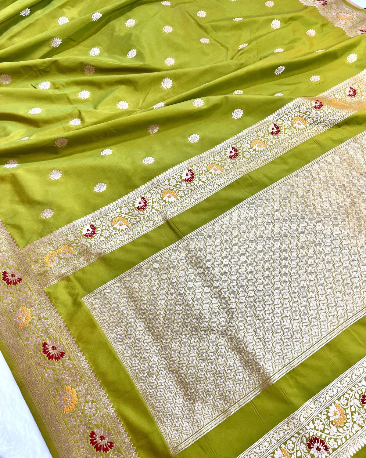 Partywear Parrot Green Banarasi Leafy Boota Meena Border Katan Silk Saree
