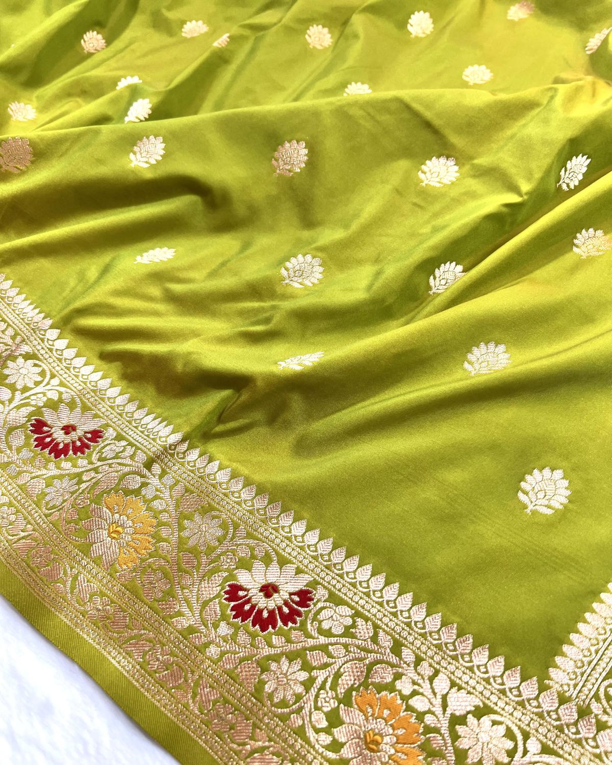 Partywear Parrot Green Banarasi Leafy Boota Meena Border Katan Silk Saree