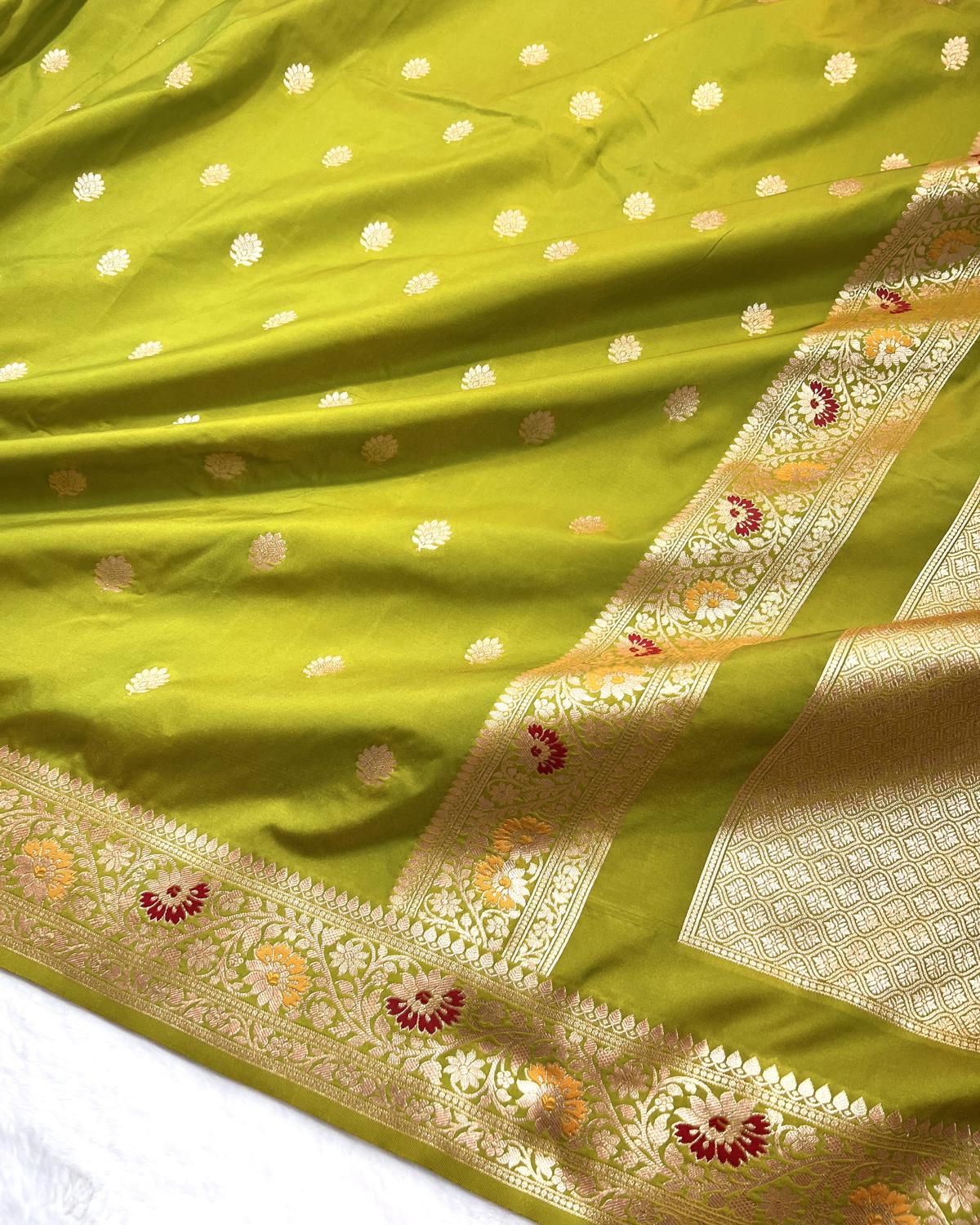 Partywear Parrot Green Banarasi Leafy Boota Meena Border Katan Silk Saree