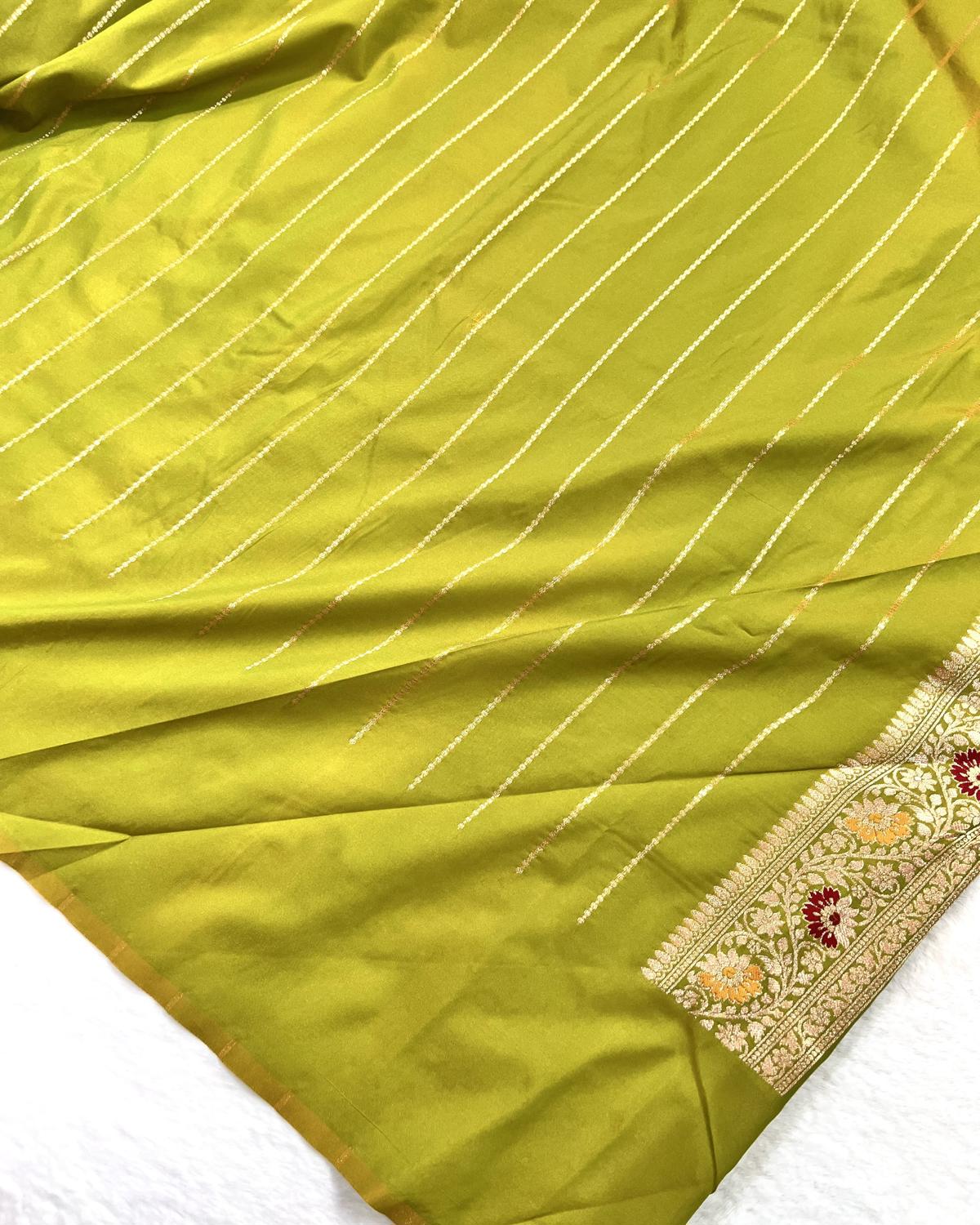 Partywear Parrot Green Banarasi Leafy Boota Meena Border Katan Silk Saree