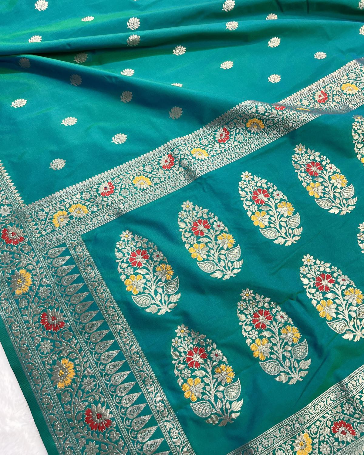 Partywear Turquoise Banarasi Leafy Boota Meena Border Katan Silk Saree