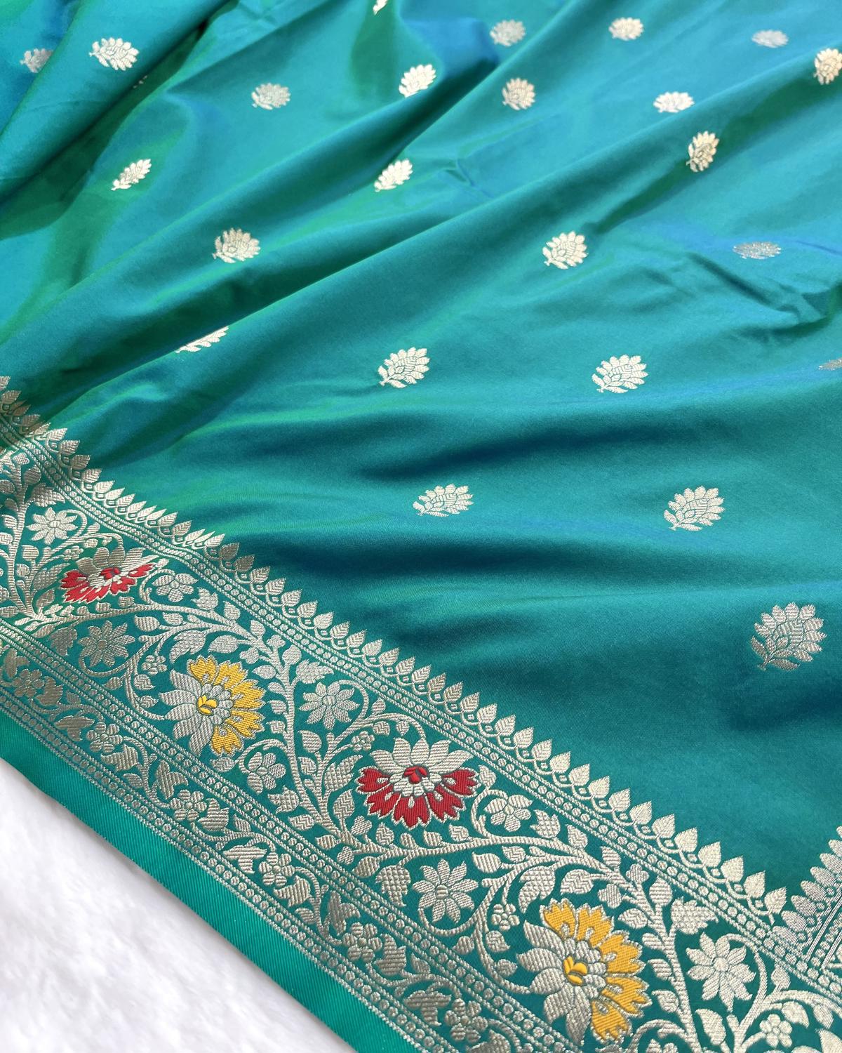 Partywear Turquoise Banarasi Leafy Boota Meena Border Katan Silk Saree