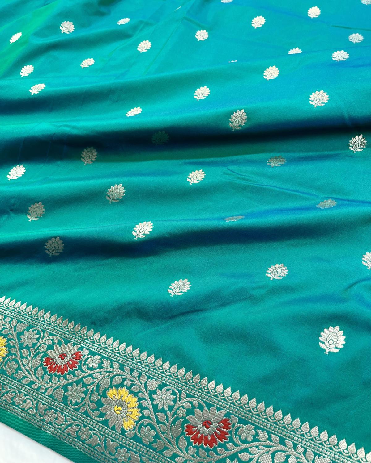 Partywear Turquoise Banarasi Leafy Boota Meena Border Katan Silk Saree