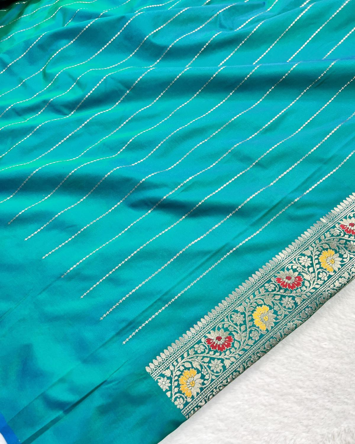 Partywear Turquoise Banarasi Leafy Boota Meena Border Katan Silk Saree