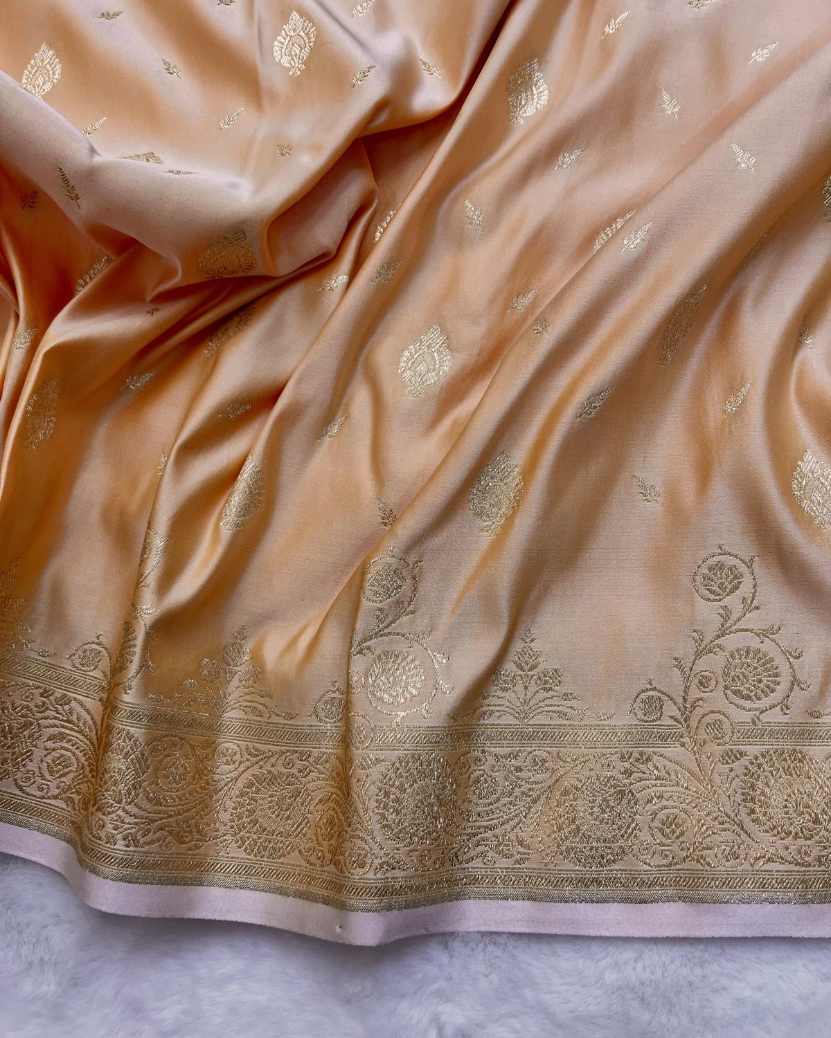 Pastel Peach Banarasi Leafy Boota Katan Silk Saree with Open Floral Border