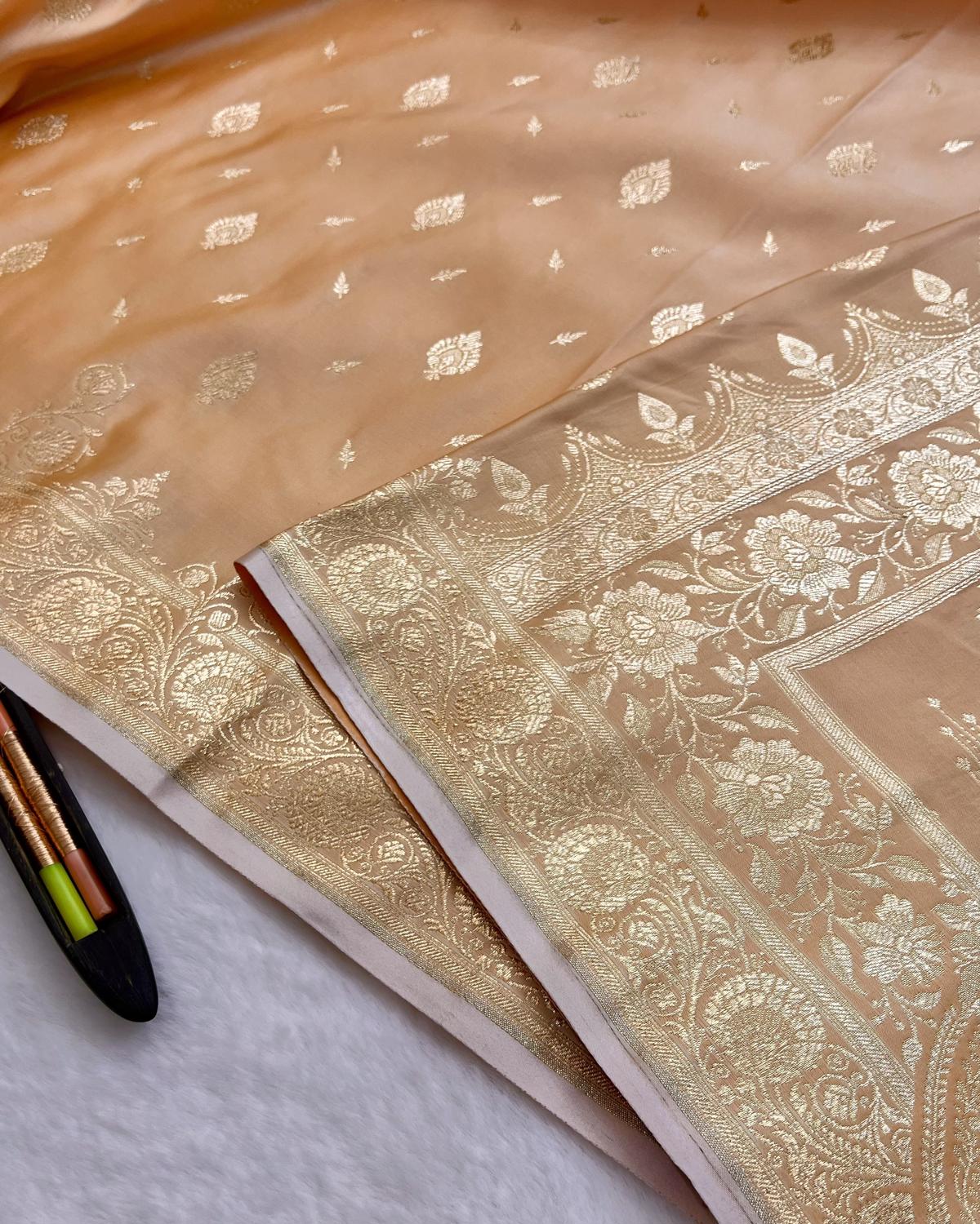 Pastel Peach Banarasi Leafy Boota Katan Silk Saree with Open Floral Border