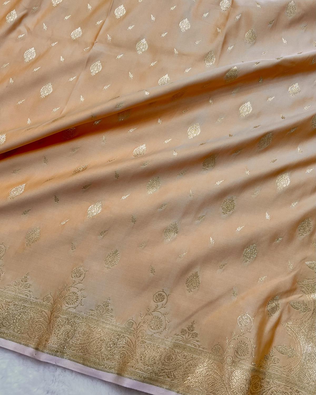Pastel Peach Banarasi Leafy Boota Katan Silk Saree with Open Floral Border