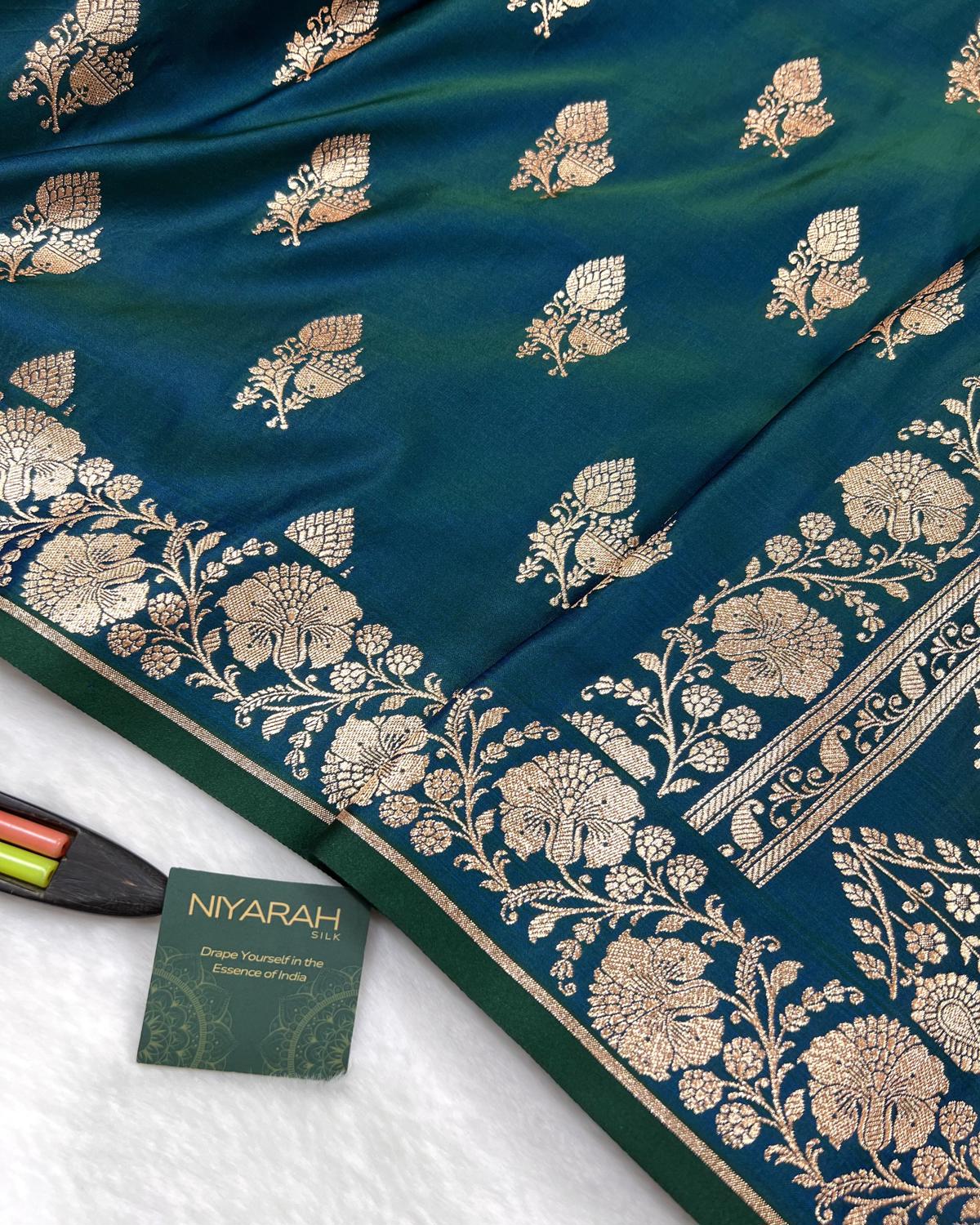 Deep Peacock Green Shades Banarasi Floral Double booti Mashru Katan Silk Saree
