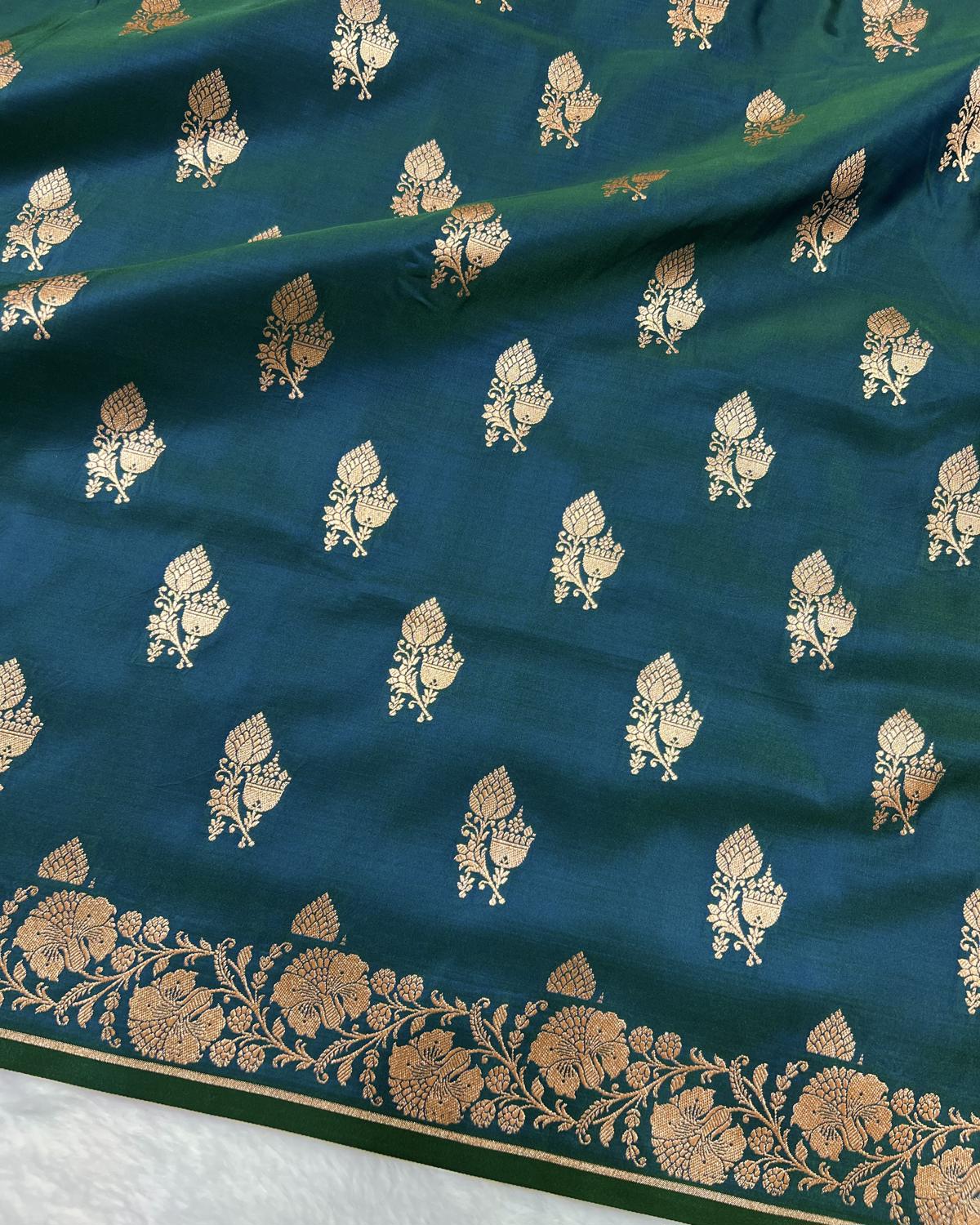 Deep Peacock Green Shades Banarasi Floral Double booti Mashru Katan Silk Saree