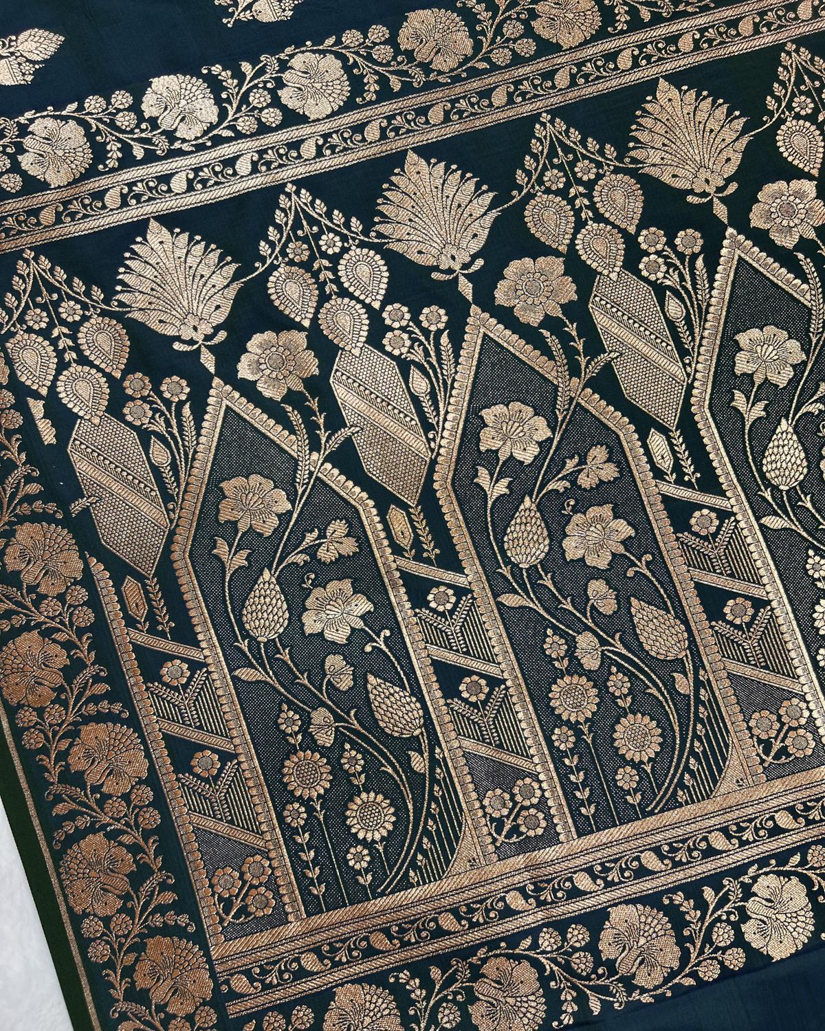 Deep Peacock Green Shades Banarasi Floral Double booti Mashru Katan Silk Saree