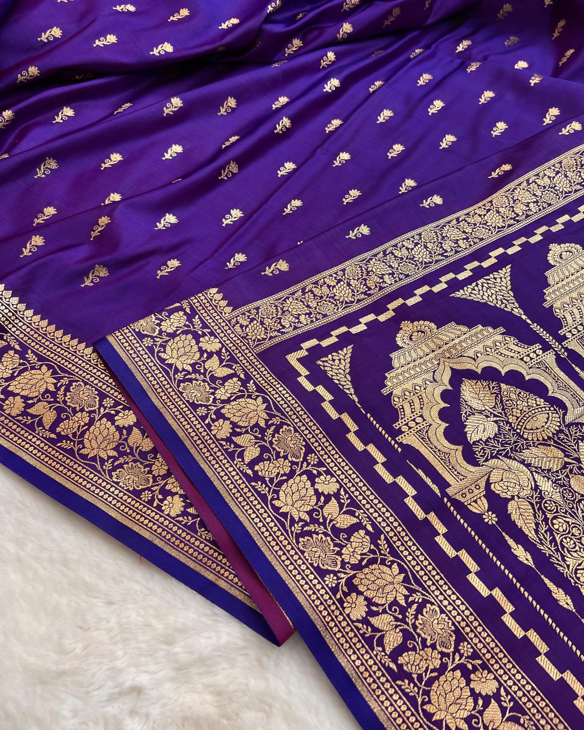 Cross Purple Banarasi Floral Booti Mashru Silk Saree