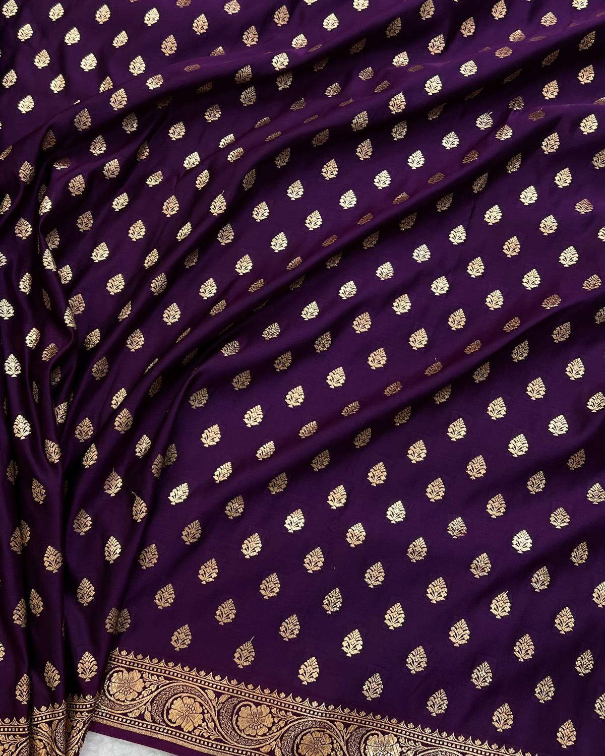 Detailed body golden zari buti design on purple saree for Festive wear dress- Niyarah | Shopnow
