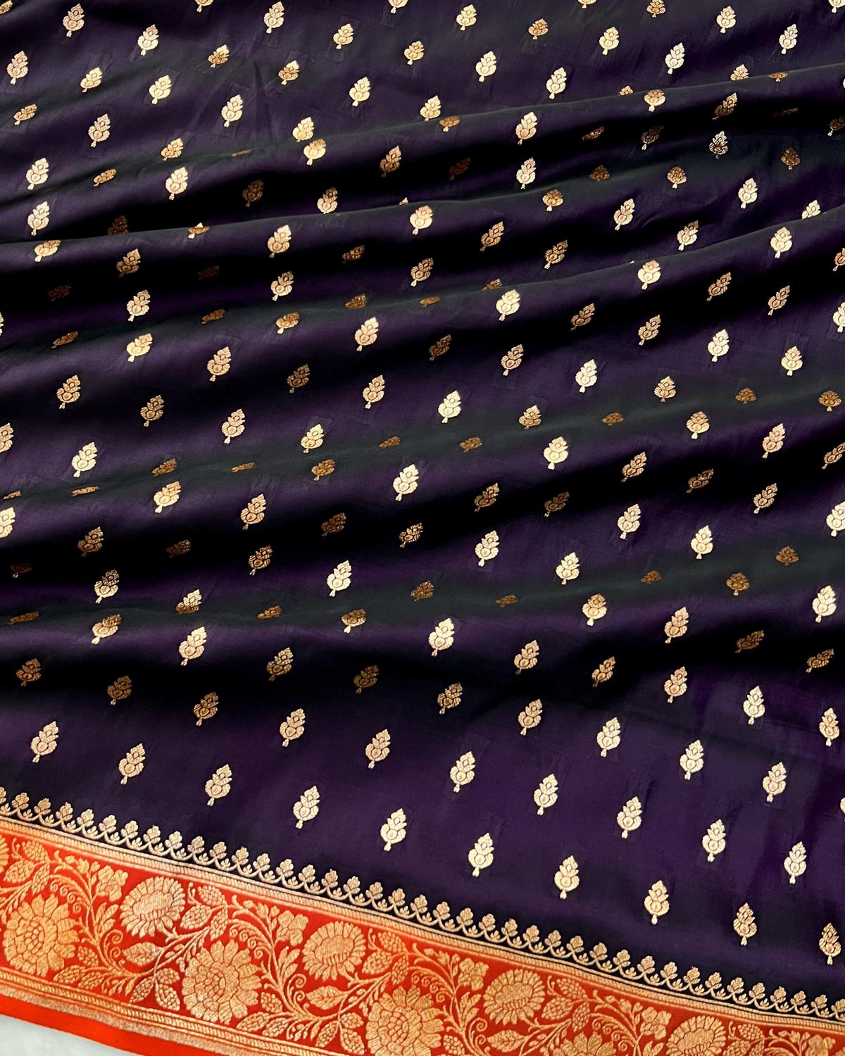 Deep Purple-Orange Banarasi Leafy Booti Katan Silk Saree