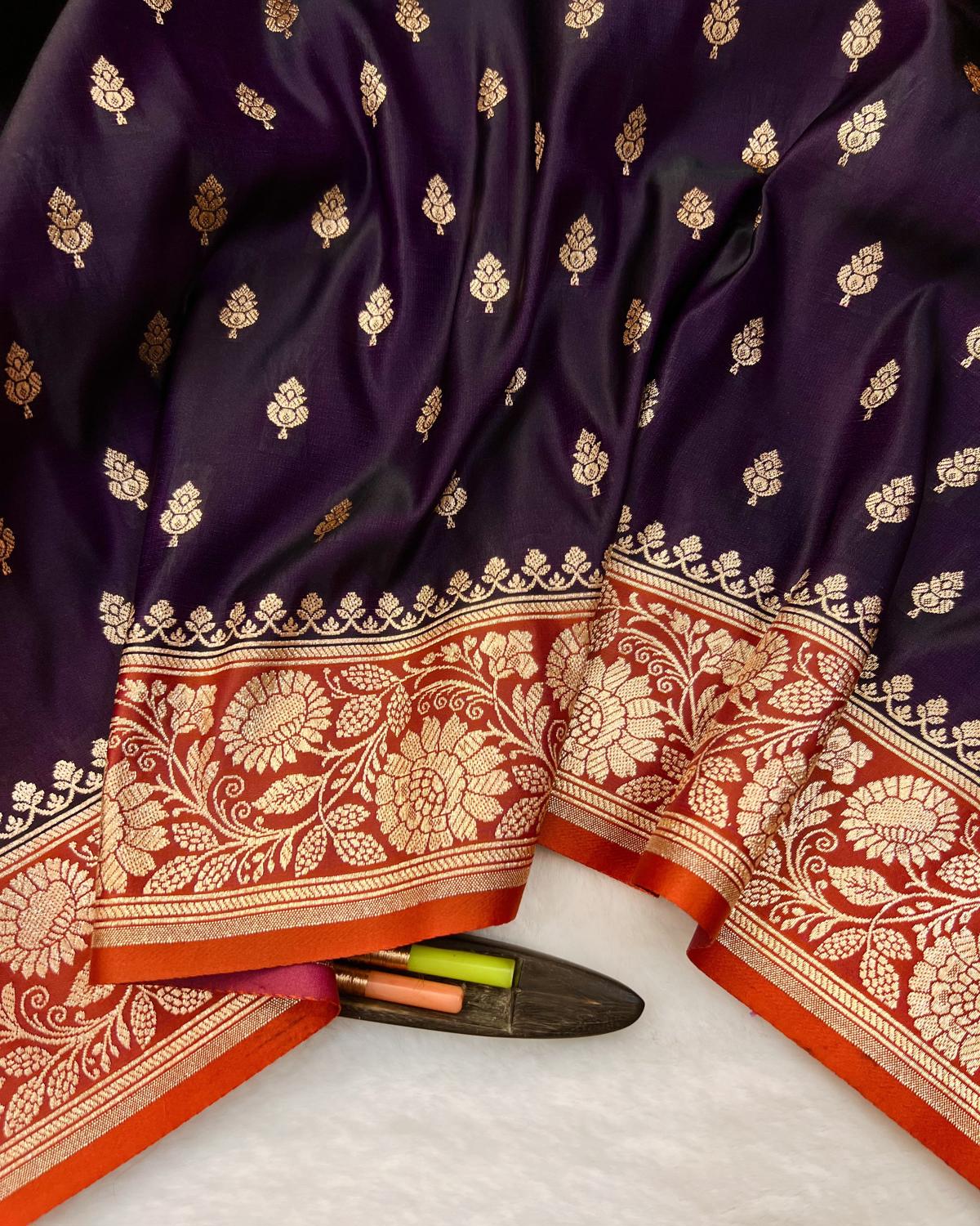 Deep Purple-Orange Banarasi Leafy Booti Katan Silk Saree