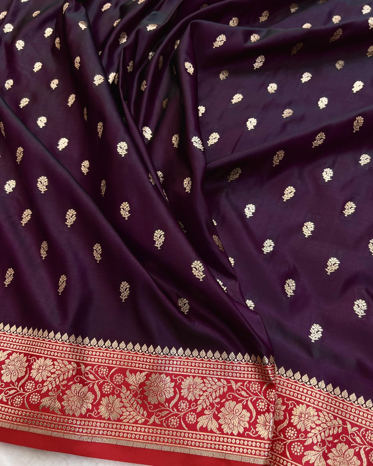 Deep Purple-Red Banarasi Floral Boota Katan Silk Saree