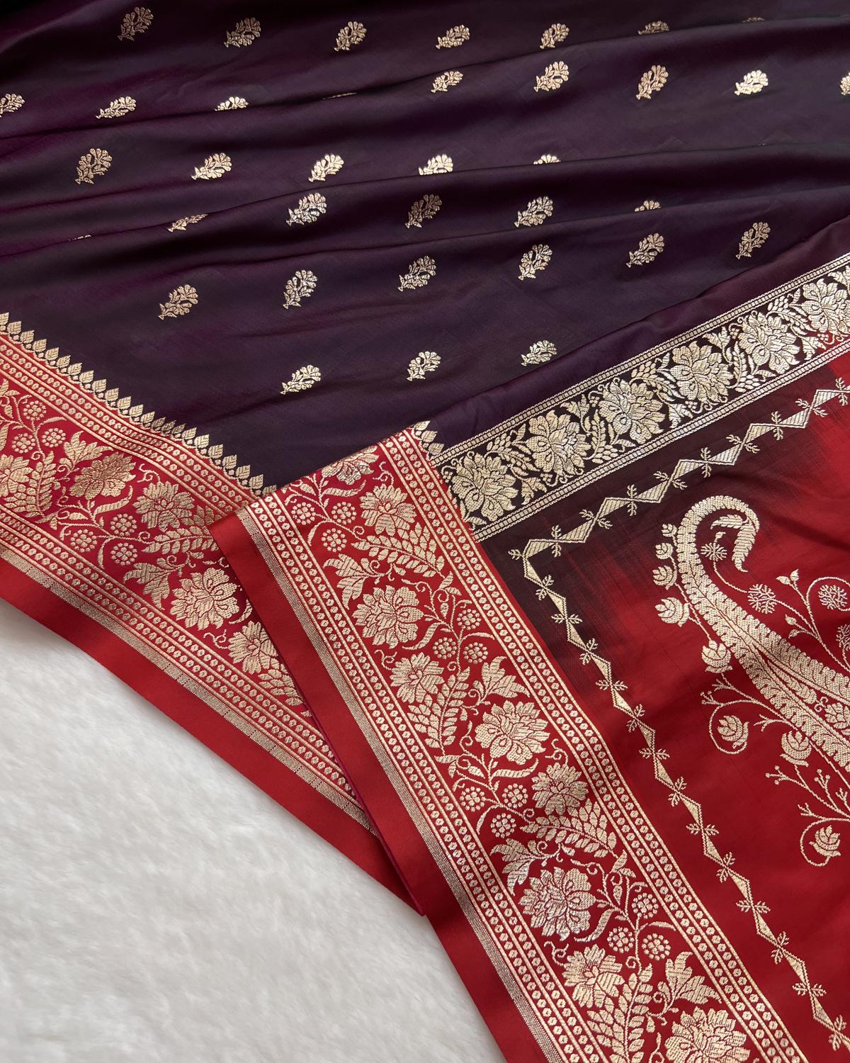Deep Purple-Red Banarasi Floral Boota Katan Silk Saree