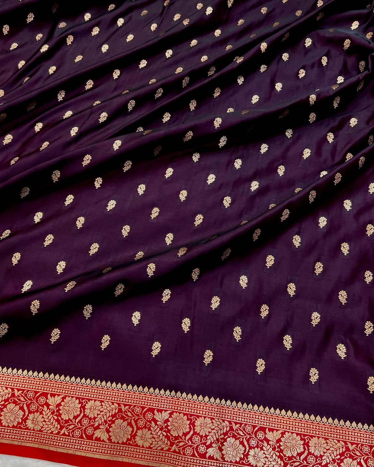 Deep Purple-Red Banarasi Floral Boota Katan Silk Saree
