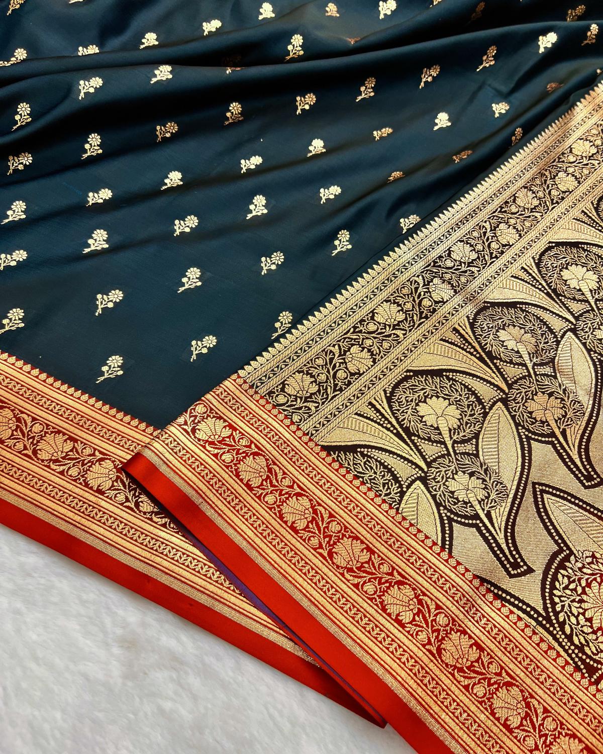 Dark Rama-Red Shade Banarasi Floral Booti Katan Silk Saree