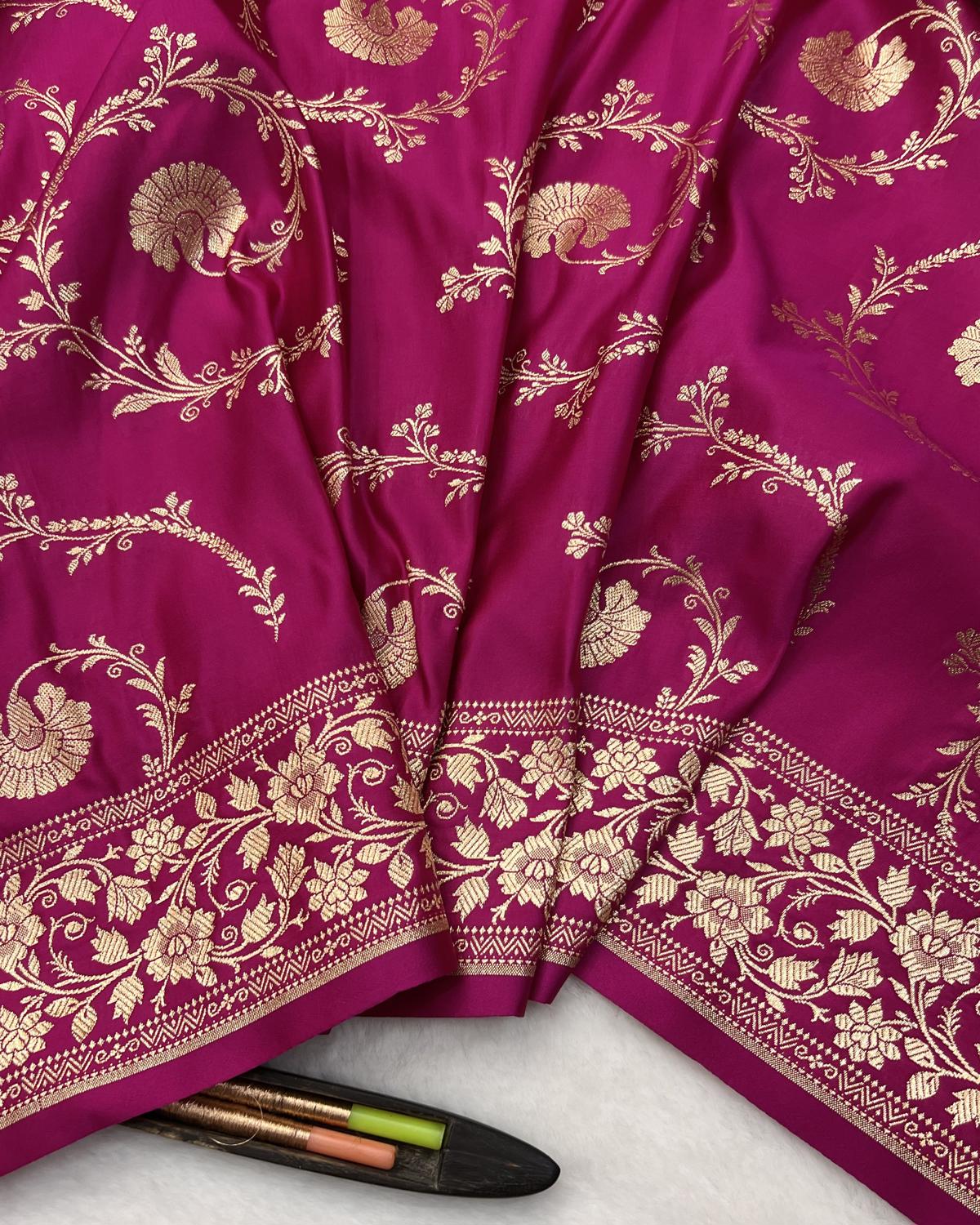 Rani Pink Banarasi Floral Jaal Pattern Katan Silk Saree
