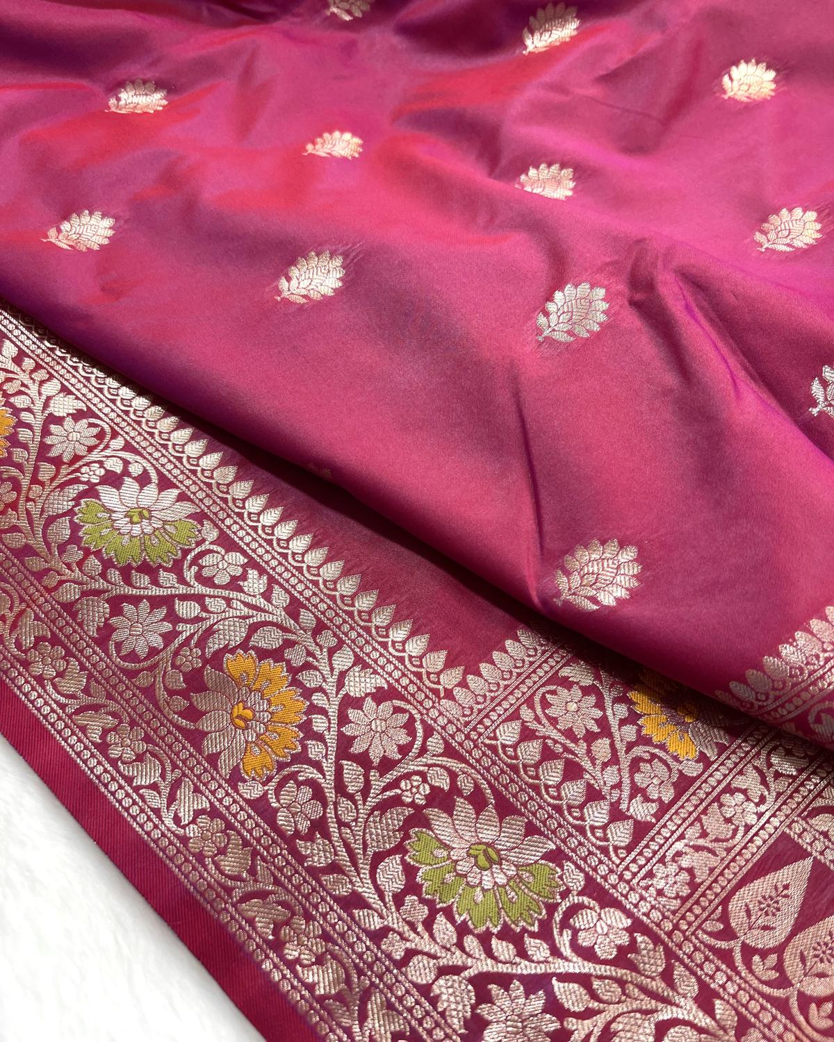 Partywear Rani Pink Banarasi Leafy Boota Meena Border Katan Silk Saree