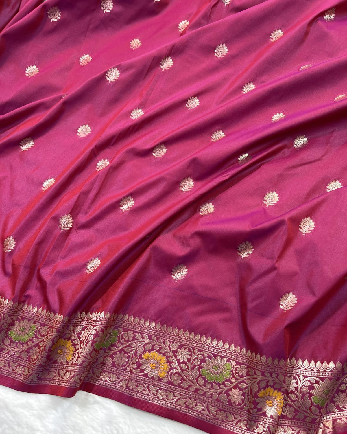 Partywear Rani Pink Banarasi Leafy Boota Meena Border Katan Silk Saree
